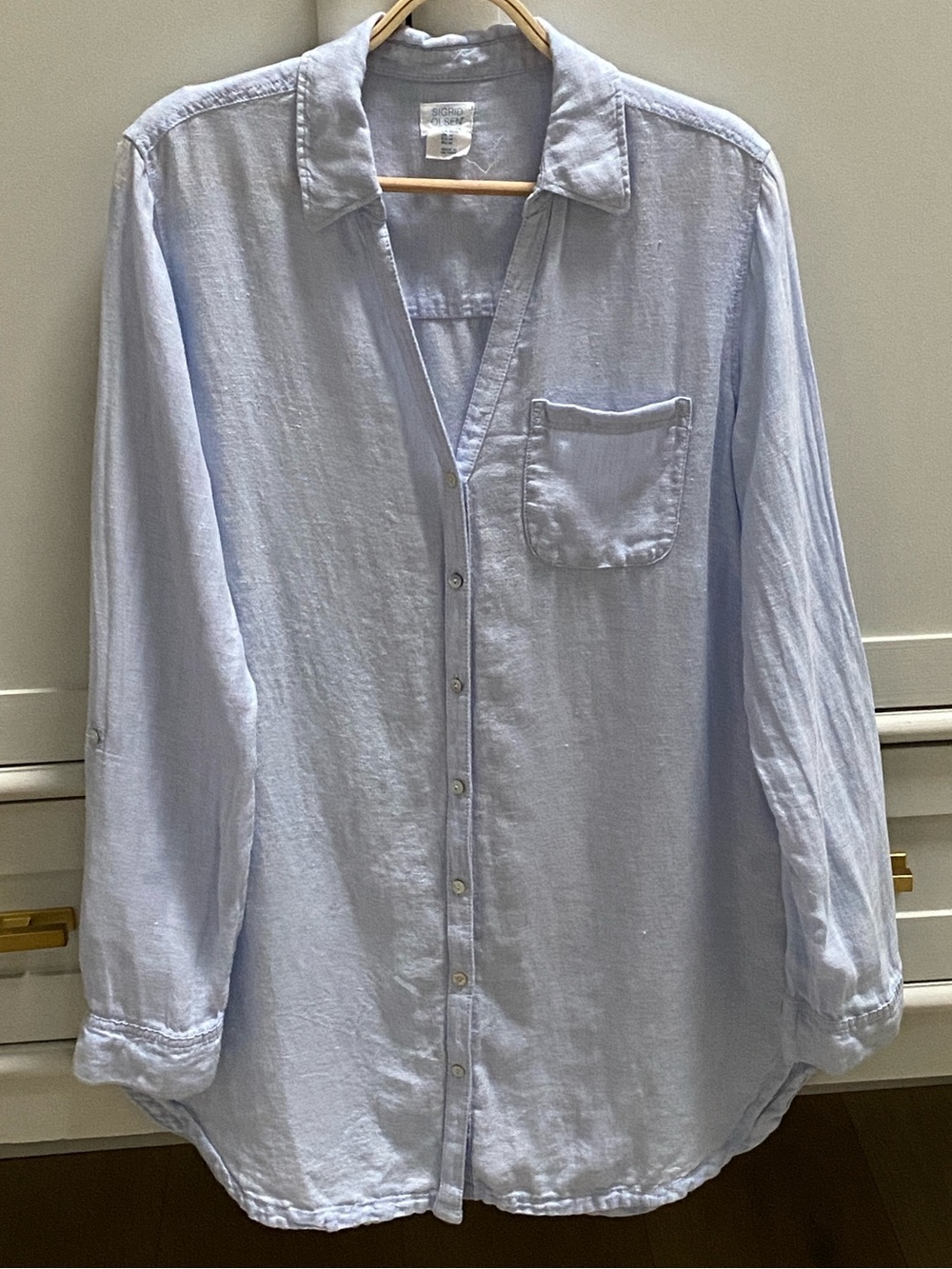 Sigrid Olsen 100% Linen Light Blue Long Button Down Shirt Blouse Women’s M Top